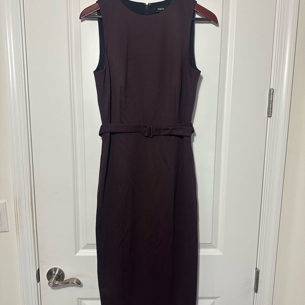 Theory Sleeveless Burgundy Midi Sheath Dress with Belt